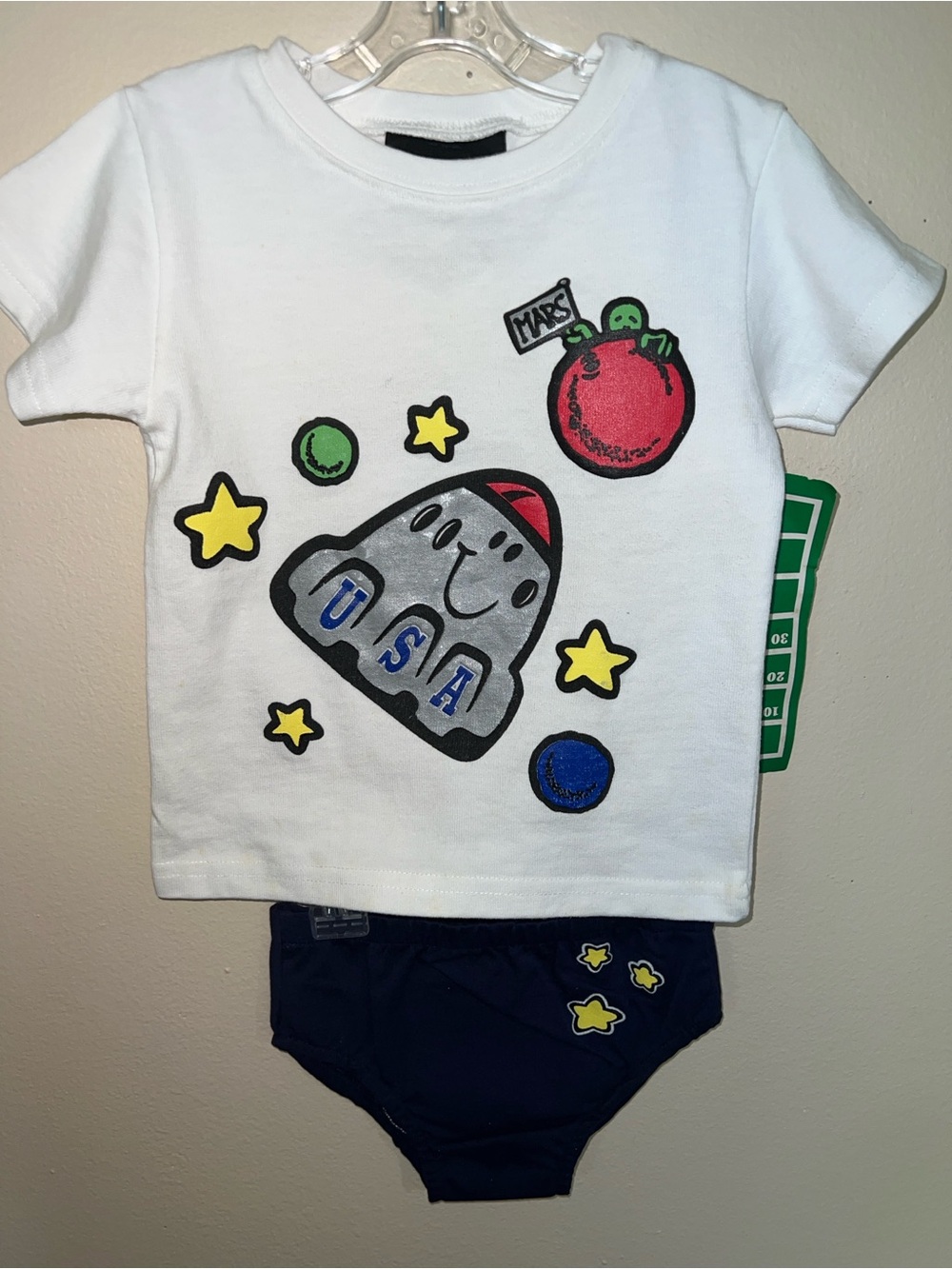Vintage Kids White Rocket & Planet Graphic Tee with Navy Bottoms 18M